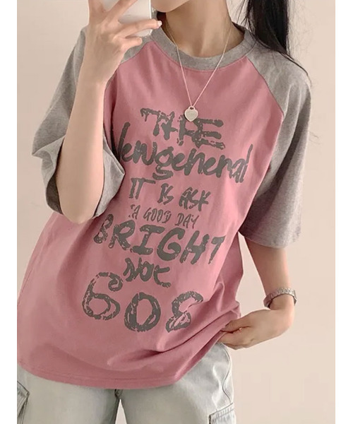 VIVID LADY(ビビッドレディー)の「フロントプリント ラグラン半袖Tシャツ(Tシャツ/カットソー・レディース・ブラック/オリーブ/ピンク/オートミール・FREE)」の16枚目の写真