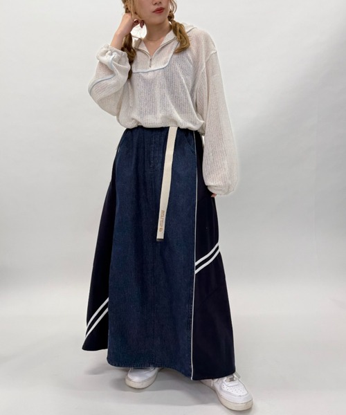 DOUBLE NAME（ダブルネーム）の「ジャージMIXデニムフレアスカート（スカート・レディース・ネイビー/ブラック・FREE）」の3枚目の写真