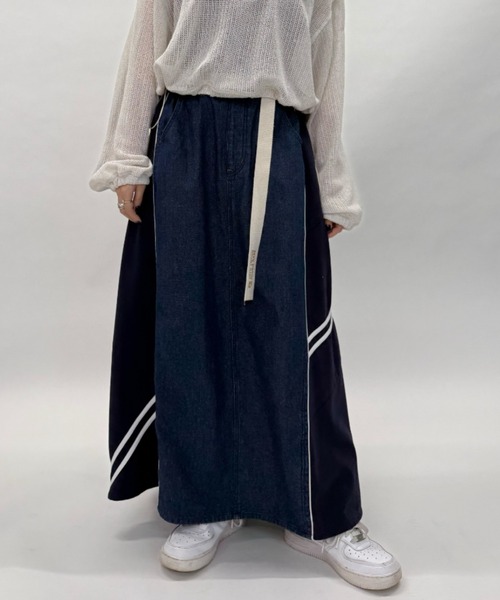 DOUBLE NAME（ダブルネーム）の「ジャージMIXデニムフレアスカート（スカート・レディース・ネイビー/ブラック・FREE）」の5枚目の写真