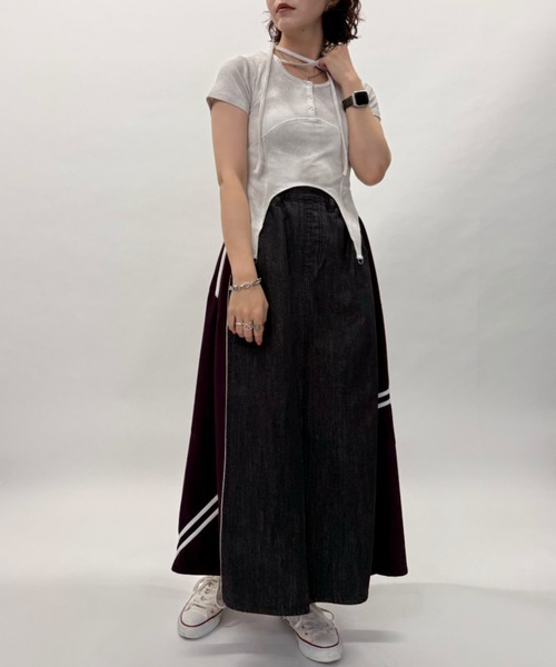 DOUBLE NAME（ダブルネーム）の「ジャージMIXデニムフレアスカート（スカート・レディース・ネイビー/ブラック・FREE）」の6枚目の写真
