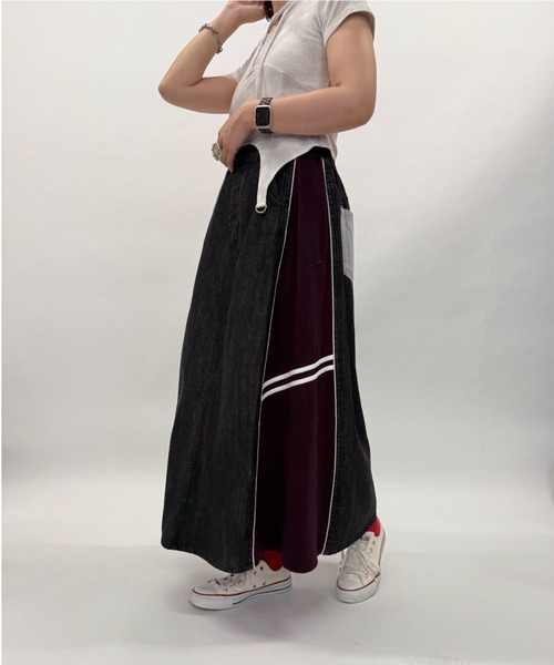 DOUBLE NAME（ダブルネーム）の「ジャージMIXデニムフレアスカート（スカート・レディース・ネイビー/ブラック・FREE）」の11枚目の写真