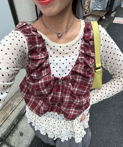 CIAOPANIC（チャオパニック）の「シャーリングチェックジップベスト（ベスト・レディース・レッド/グリーン/ブラウン・ONE SIZE）」の3枚目の写真