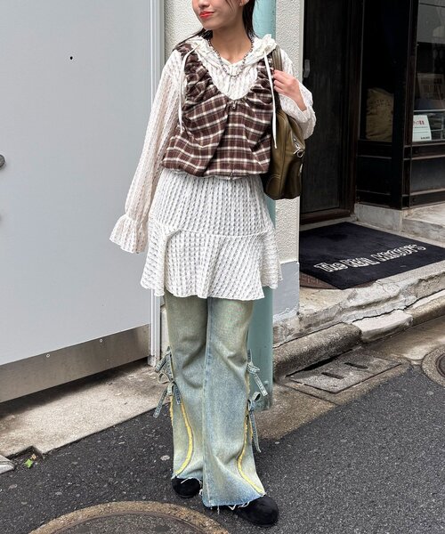 CIAOPANIC（チャオパニック）の「シャーリングチェックジップベスト（ベスト・レディース・レッド/グリーン/ブラウン・ONE SIZE）」の6枚目の写真