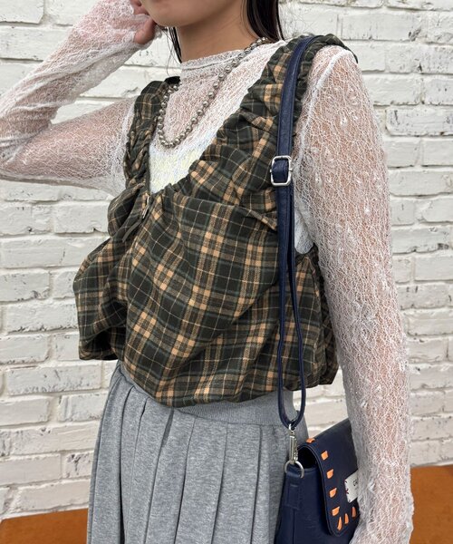 CIAOPANIC（チャオパニック）の「シャーリングチェックジップベスト（ベスト・レディース・レッド/グリーン/ブラウン・ONE SIZE）」の10枚目の写真