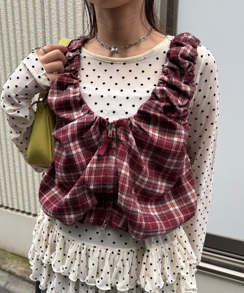 CIAOPANIC（チャオパニック）の「シャーリングチェックジップベスト（ベスト・レディース・レッド/グリーン/ブラウン・ONE SIZE）」の15枚目の写真