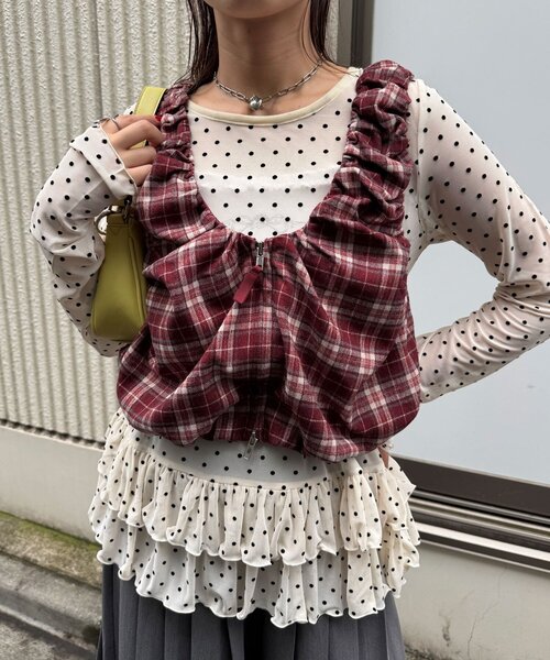 CIAOPANIC（チャオパニック）の「シャーリングチェックジップベスト（ベスト・レディース・レッド/グリーン/ブラウン・ONE SIZE）」の16枚目の写真