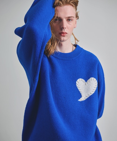 Revo.(レボ)の「【25AW新色追加】Revo. ワンポイント ハートステッチデザイン ルーズニット プルオーバー(ニット/セーター・メンズ・ブラック/グレー/ブルー/レッド・FREE)」の1枚目の写真
