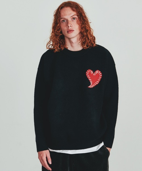 Revo.(レボ)の「【25AW新色追加】Revo. ワンポイント ハートステッチデザイン ルーズニット プルオーバー(ニット/セーター・メンズ・ブラック/グレー/ブルー/レッド・FREE)」の10枚目の写真