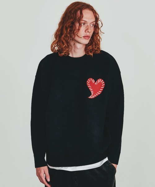 Revo.(レボ)の「【25AW新色追加】Revo. ワンポイント ハートステッチデザイン ルーズニット プルオーバー(ニット/セーター・メンズ・ブラック/グレー/ブルー/レッド・FREE)」の8枚目の写真