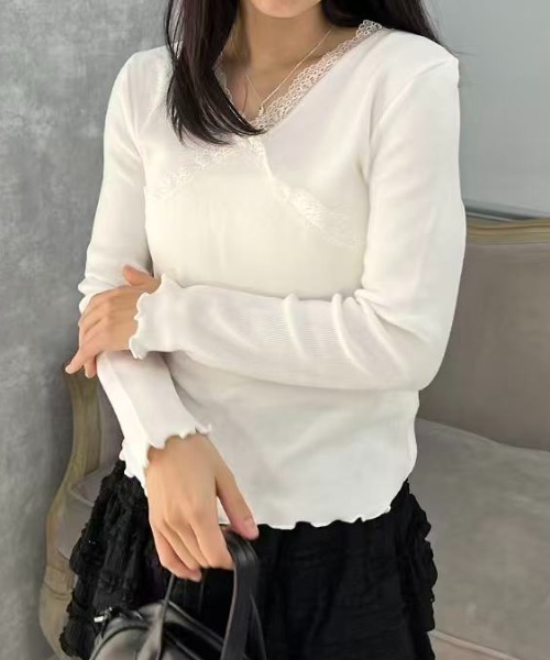 mebole(メボレ)の「レースメロウリブニット(ニット/セーター・レディース・ブラック/ホワイト・FREE)」の4枚目の写真