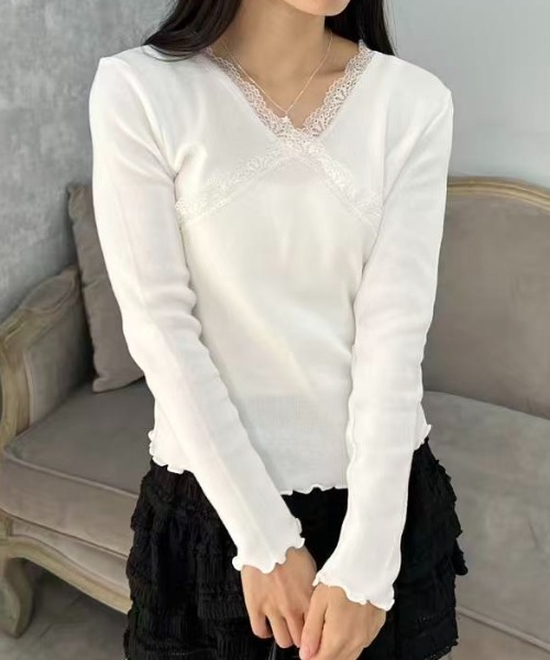 mebole(メボレ)の「レースメロウリブニット(ニット/セーター・レディース・ブラック/ホワイト・FREE)」の7枚目の写真