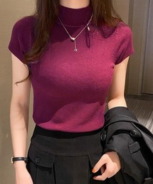 モックネックリブニットトップス
