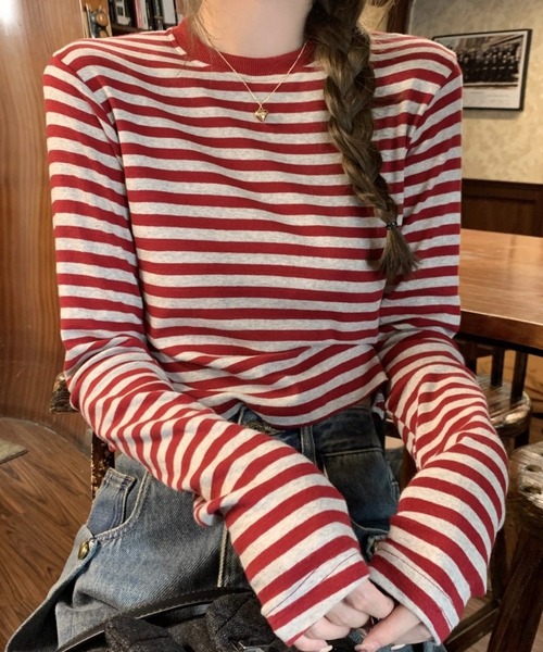 SHOUYO(ショウヨウ)の「ボーダー柄ベーシックロングスリーブTシャツ(Tシャツ/カットソー・レディース・レッド/ブラック・M)」の1枚目の写真