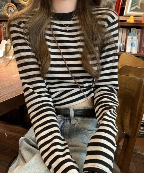 SHOUYO(ショウヨウ)の「ボーダー柄ベーシックロングスリーブTシャツ(Tシャツ/カットソー・レディース・レッド/ブラック・M)」の2枚目の写真