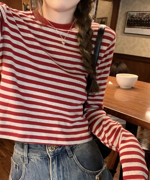 SHOUYO(ショウヨウ)の「ボーダー柄ベーシックロングスリーブTシャツ(Tシャツ/カットソー・レディース・レッド/ブラック・M)」の13枚目の写真