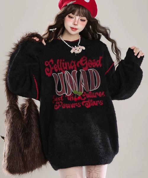 VIBGYOR(ヴィブジョー)の「フロントロゴ刺繍 ステッチニットプルオーバー / 韓国ストリート カジュアル(CZ)(ニット/セーター・レディース・アイボリー/ブラック・FREE)」の1枚目の写真