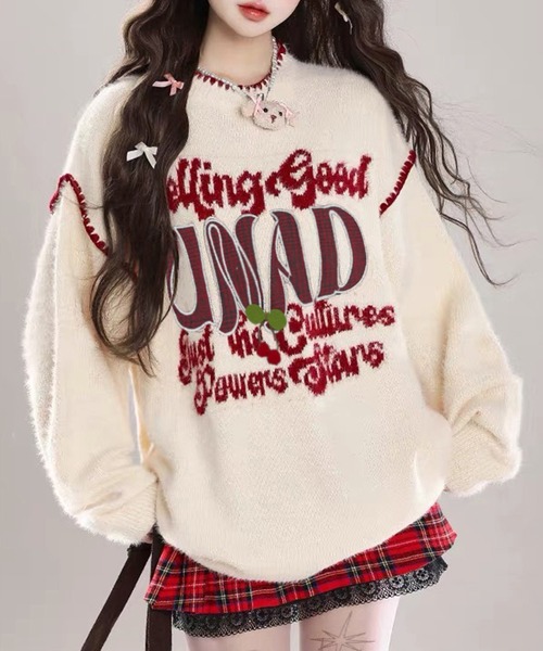 VIBGYOR(ヴィブジョー)の「フロントロゴ刺繍 ステッチニットプルオーバー / 韓国ストリート カジュアル(CZ)(ニット/セーター・レディース・アイボリー/ブラック・FREE)」の3枚目の写真