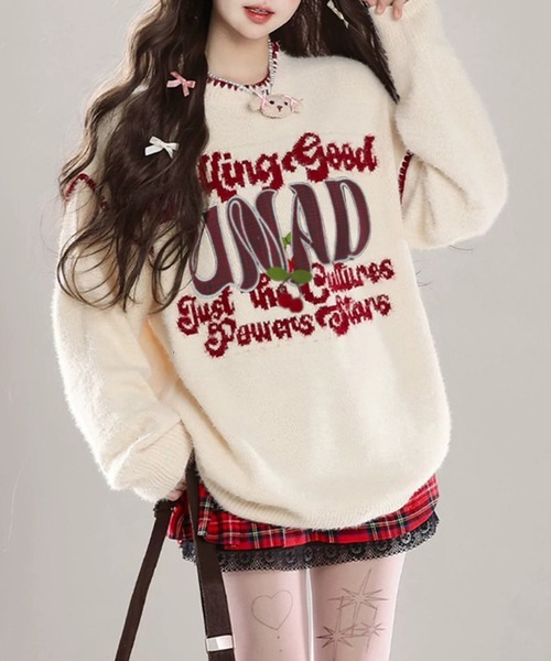 VIBGYOR(ヴィブジョー)の「フロントロゴ刺繍 ステッチニットプルオーバー / 韓国ストリート カジュアル(CZ)(ニット/セーター・レディース・アイボリー/ブラック・FREE)」の5枚目の写真