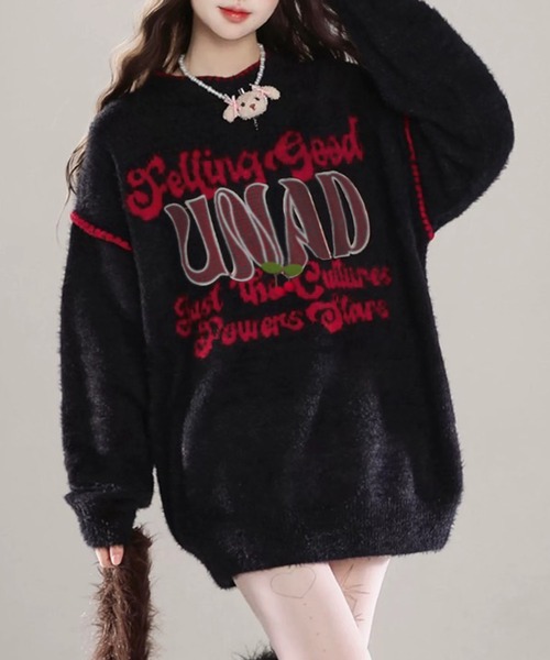 VIBGYOR(ヴィブジョー)の「フロントロゴ刺繍 ステッチニットプルオーバー / 韓国ストリート カジュアル(CZ)(ニット/セーター・レディース・アイボリー/ブラック・FREE)」の7枚目の写真