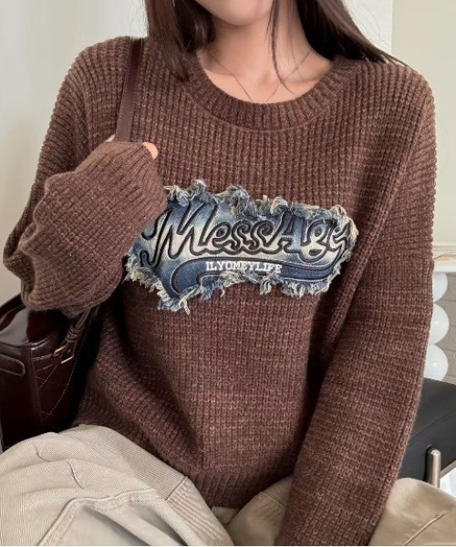 セール】デニム風ワッペンニットトップス（ニット/セーター）｜Sibra