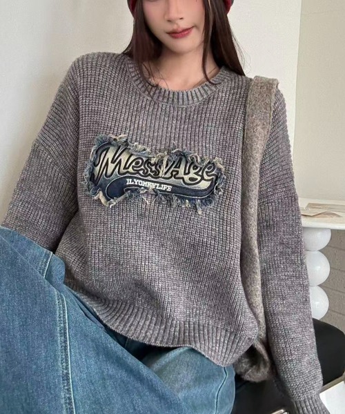 セール】デニム風ワッペンニットトップス（ニット/セーター）｜Sibra