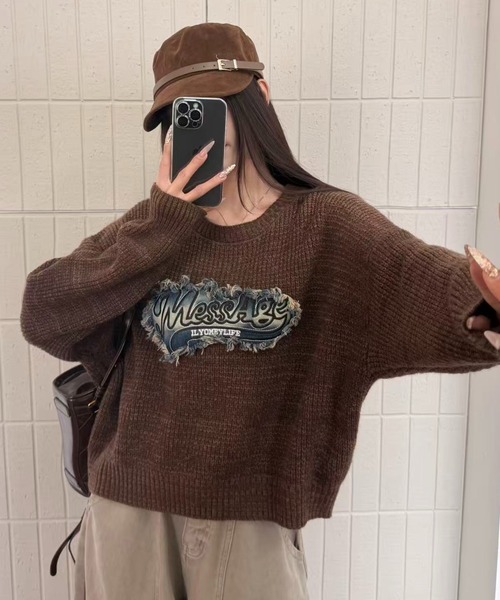 セール】デニム風ワッペンニットトップス（ニット/セーター）｜Sibra