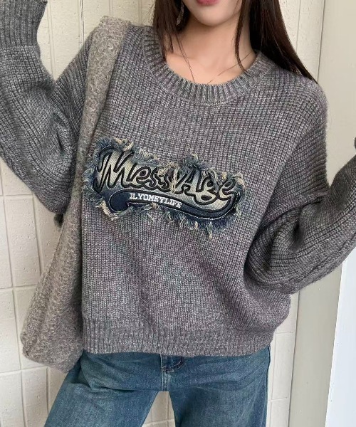 セール】デニム風ワッペンニットトップス（ニット/セーター）｜Sibra