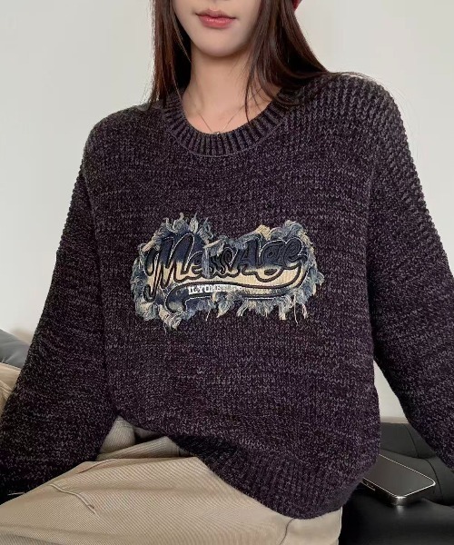 セール】デニム風ワッペンニットトップス（ニット/セーター）｜Sibra