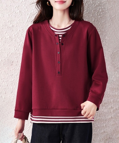 ONEP STAR(ワンピスター)の「レイヤード風ボタン付きプルオーバー(Tシャツ/カットソー・レディース・ワインレッド・LARGE/X-LARGE)」の1枚目の写真
