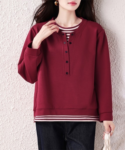 ONEP STAR(ワンピスター)の「レイヤード風ボタン付きプルオーバー(Tシャツ/カットソー・レディース・ワインレッド・LARGE/X-LARGE)」の2枚目の写真
