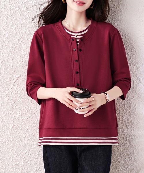 ONEP STAR(ワンピスター)の「レイヤード風ボタン付きプルオーバー(Tシャツ/カットソー・レディース・ワインレッド・LARGE/X-LARGE)」の3枚目の写真