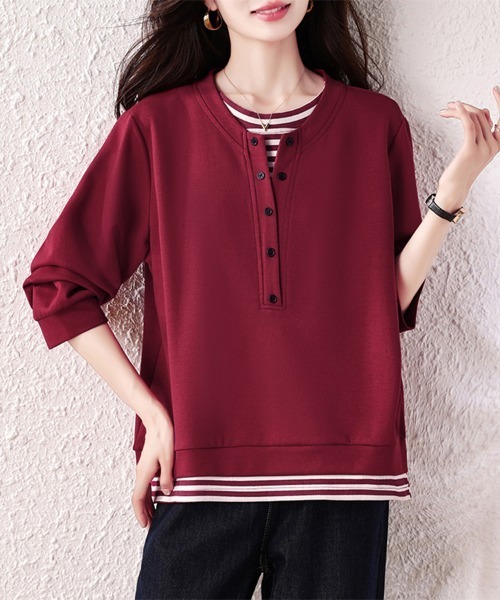ONEP STAR(ワンピスター)の「レイヤード風ボタン付きプルオーバー(Tシャツ/カットソー・レディース・ワインレッド・LARGE/X-LARGE)」の4枚目の写真