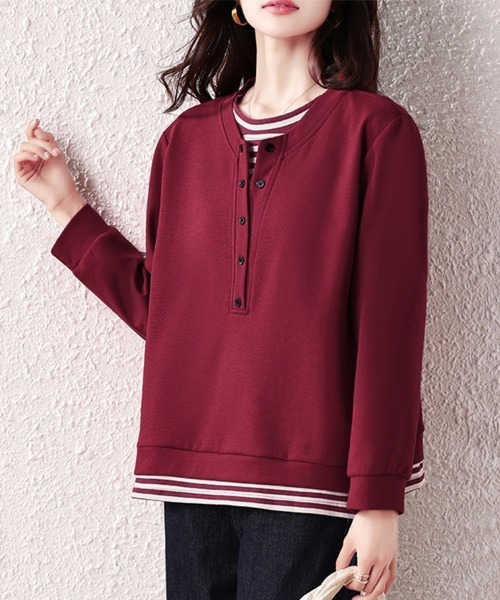 ONEP STAR(ワンピスター)の「レイヤード風ボタン付きプルオーバー(Tシャツ/カットソー・レディース・ワインレッド・LARGE/X-LARGE)」の5枚目の写真