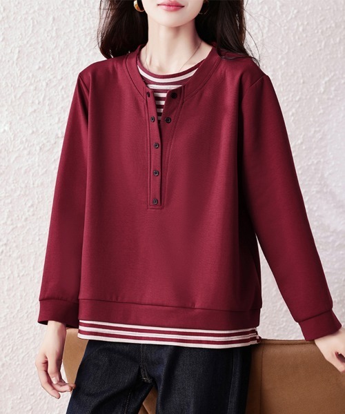 ONEP STAR(ワンピスター)の「レイヤード風ボタン付きプルオーバー(Tシャツ/カットソー・レディース・ワインレッド・LARGE/X-LARGE)」の6枚目の写真