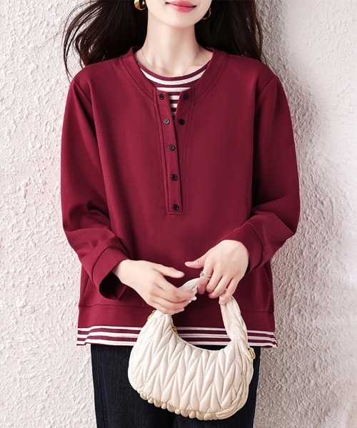 ONEP STAR(ワンピスター)の「レイヤード風ボタン付きプルオーバー(Tシャツ/カットソー・レディース・ワインレッド・LARGE/X-LARGE)」の7枚目の写真