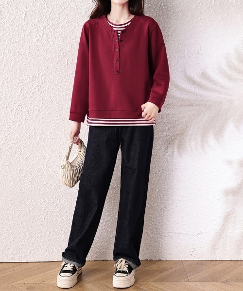ONEP STAR(ワンピスター)の「レイヤード風ボタン付きプルオーバー(Tシャツ/カットソー・レディース・ワインレッド・LARGE/X-LARGE)」の9枚目の写真