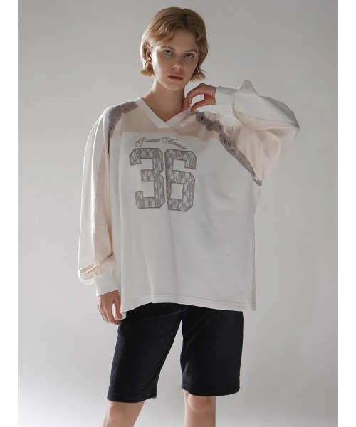 :ETHROF(イーサオブ)の「SATIN×LACE NUMBERNG LONG SLEEVE GAME SWEAT(Tシャツ/カットソー・レディース・ブラック/ネイビー/オフホワイト・FREE)」の1枚目の写真