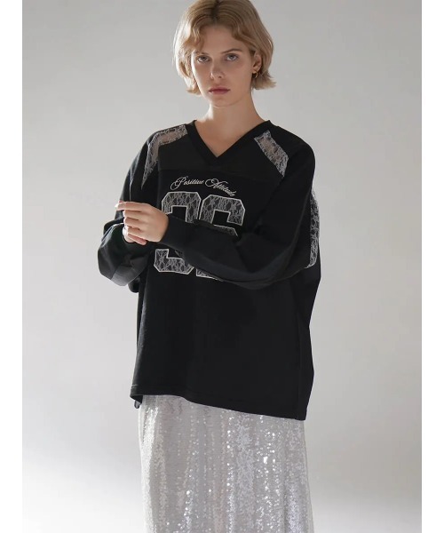:ETHROF(イーサオブ)の「SATIN×LACE NUMBERNG LONG SLEEVE GAME SWEAT(Tシャツ/カットソー・レディース・ブラック/ネイビー/オフホワイト・FREE)」の2枚目の写真