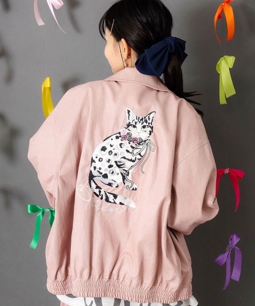 153771：ネコ刺繍フェイクレザー×裏地ブルゾン（ブルゾン）｜ScoLar