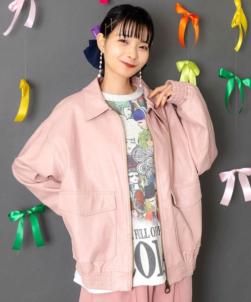 153771：ネコ刺繍フェイクレザー×裏地ブルゾン（ブルゾン）｜ScoLar