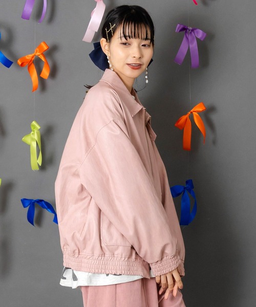 153771：ネコ刺繍フェイクレザー×裏地ブルゾン（ブルゾン）｜ScoLar