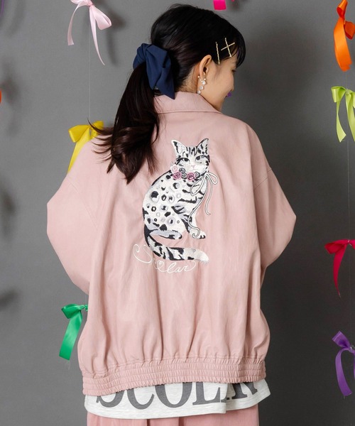 セール】153771：ネコ刺繍フェイクレザー×裏地ブルゾン（ブルゾン