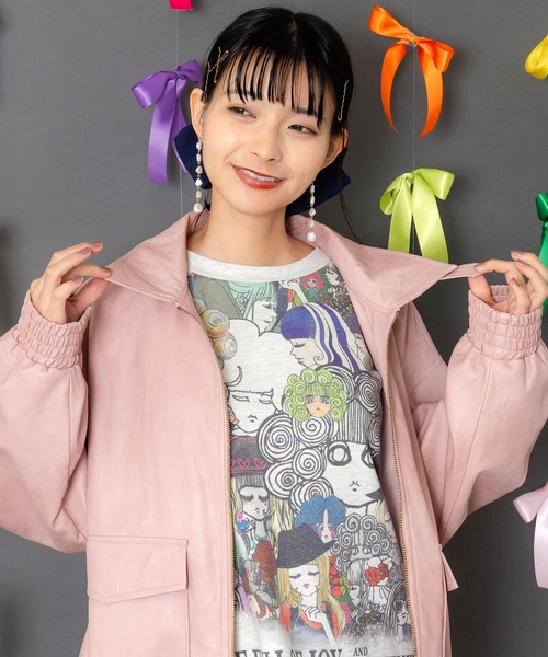 153771：ネコ刺繍フェイクレザー×裏地ブルゾン（ブルゾン）｜ScoLar