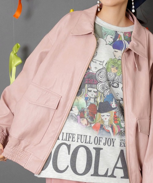 153771：ネコ刺繍フェイクレザー×裏地ブルゾン（ブルゾン）｜ScoLar