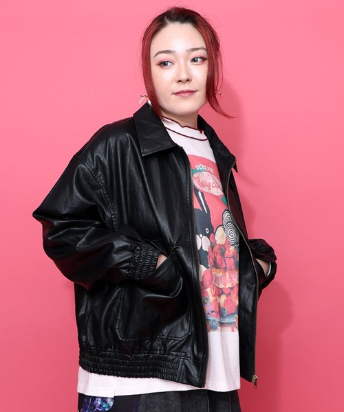 セール】153771：ネコ刺繍フェイクレザー×裏地ブルゾン（ブルゾン