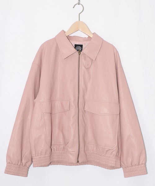 セール】153771：ネコ刺繍フェイクレザー×裏地ブルゾン（ブルゾン