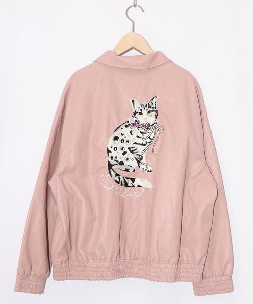 153771：ネコ刺繍フェイクレザー×裏地ブルゾン（ブルゾン）｜ScoLar