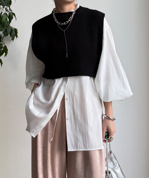 DouDou（ドゥドゥ）の「【WEB限定】ニットベスト×シャツセット（ニット/セーター・レディース・グレー/アイボリー/ブラック・FREE）」の3枚目の写真