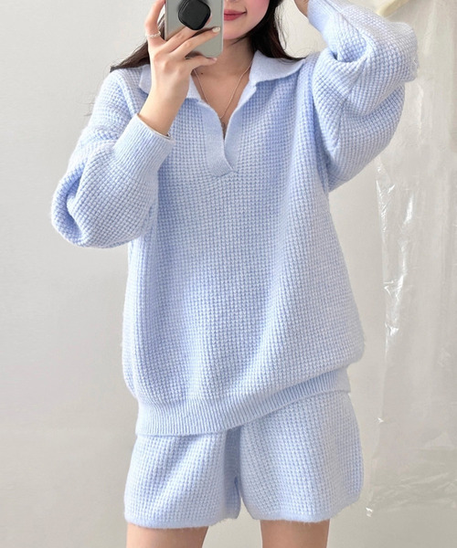 DAY CLOSET(デイ クローゼット)の「【セットアップ/もこもこ立体編み】長袖 スキッパー リブニット プルオーバー + ショートパンツ 上下2点セット レディース(ニット/セーター・レディース・モカ/チャコールグレー/ライトグレー/アイボリー/サックスブルー・FREE)」の5枚目の写真