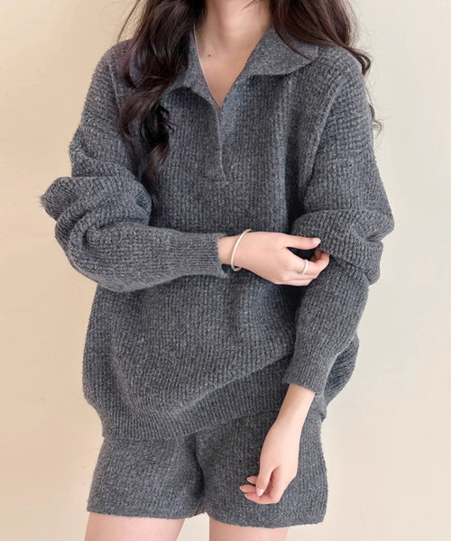 DAY CLOSET(デイ クローゼット)の「【セットアップ/もこもこ立体編み】長袖 スキッパー リブニット プルオーバー + ショートパンツ 上下2点セット レディース(ニット/セーター・レディース・モカ/チャコールグレー/ライトグレー/アイボリー/サックスブルー・FREE)」の3枚目の写真